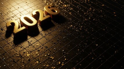 Golden 3D "2026" numbers sparkling on a dark metallic grid, symbolizing upcoming new year celebrations, future success, and elegant luxury with festive scattered confetti.