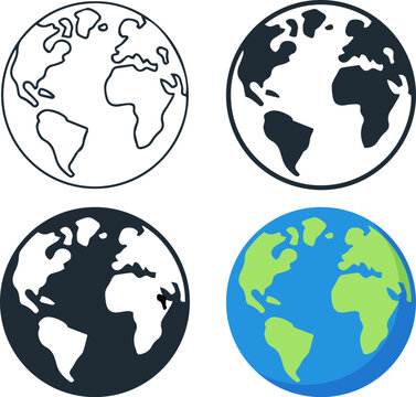 earth globe icon set in outline, filled, and color styles &mdash; flat minimal vector design