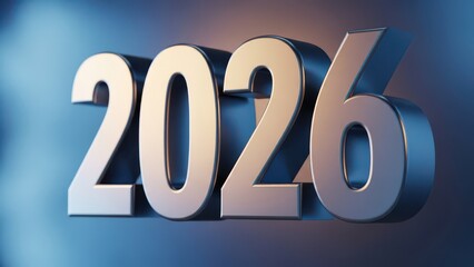 Modern 3D metallic typography of the year 2026, gleaming on a stylish gradient background, ideal for futuristic designs, annual reports, and new beginnings.