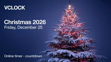 Vclock christmas 2026 countdown timer graphic with snowy tree