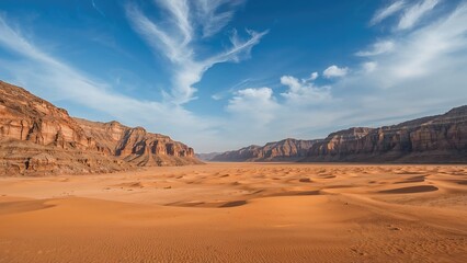 Desert landscape with cliffs and blue sky from a high vantage point. Nature and landscape. The scene of a dry, arid environment.