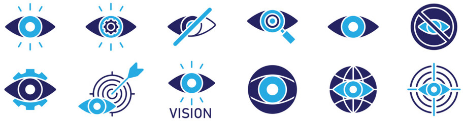 Observation and Vision Icons Set. Telescope, magnifier, CCTV camera, search, blind, visible and invisible icons. Editable stroke vector.