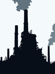 Silhouette of an industrial plant with tall chimneys filled with smoke. Industrial landscape. EPS10 vector illustration for your industrial, heavy industry, and energy-themed designs.