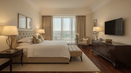 A luxurious hotel room interior with a large bed, bedside tables, lamps, armchair, and a wall-mounted TV, overlooking a window with curtains.