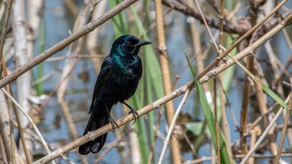 Naklejka premium Black bird perched on branches among reeds in a natural wetland habitat.