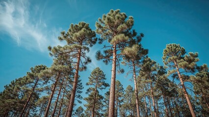 Tall pine trees reaching towards the sky in a forest with a bright blue background.
