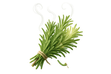 Rosemary bunch tied with string, releasing smoke, fresh aromatic herb sprigs for cooking and traditional rituals