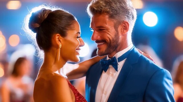 A Romantic Dance: A man and woman share an intimate moment during a dance, their eyes locked in a shared gaze of affection, bathed in the soft glow of elegant lighting.