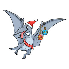 Cartoon pterodactyl wearing santa hat and scarf holding colorful hanging ornaments © Ashikur