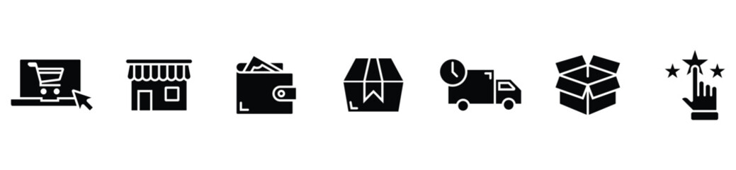 Online Shopping Delivery Process Icons. Order, packaging, shipping, tracking, and delivery stage illustrations.