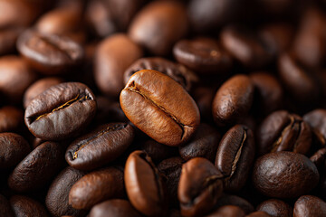 Fototapeta premium Roasted Coffee Bean Close-Up: A detailed shot of roasted coffee beans showing the rich textures, colors and aroma of the essential breakfast ingredient, close-up.