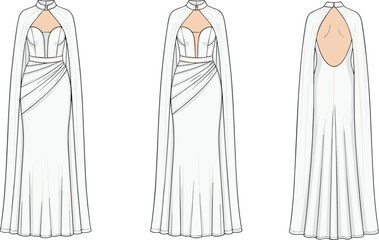 Formal gown fashion illustration, sweetheart neckline with sheer cape, cut-out back and draped sash detail, front and back sketch