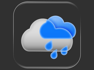 Glossy Liquid Glass Rain Weather Icon Glass Morphism on Dark Background. 3D Cloud with Blue Raindrops, Modern UI Symbol, Soft Glow, Gradient Glass Effect, Vector Illustration for Apps and Interfaces