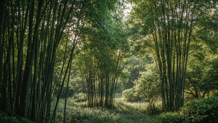Obraz premium Dense bamboo forest with lush green foliage and sunlight filtering through the trees. Nature and landscape scene. Forest environment and greenery. The concept of natural habitat and biodiversity