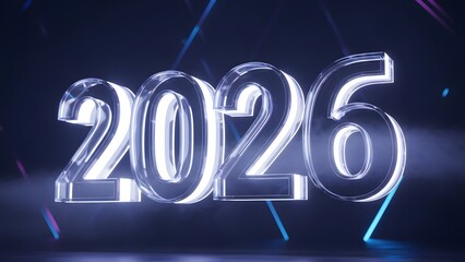 Glowing three dimensional crystal numbers representing the year 2026 illuminate a dark futuristic stage with neon light streaks creating excitement