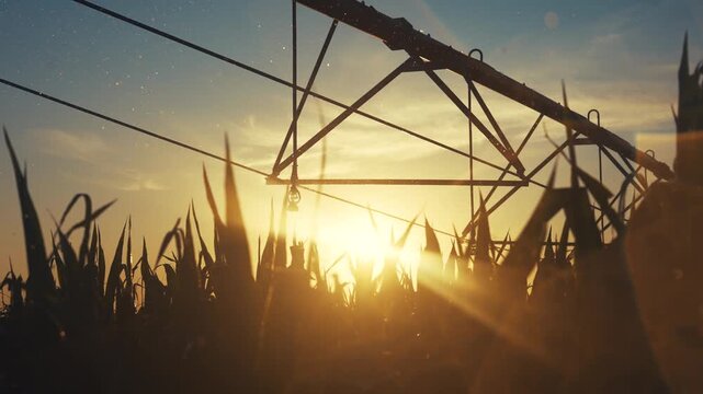 The sun sets over the cornfield, illuminating corn and irrigation with the sun's rays. Corn stalks and irrigation frame the sun while casting light across the corn leaves.