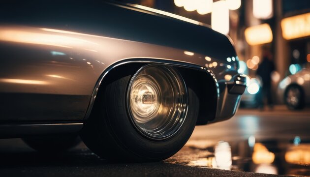 Fototapeta Close up of a vintage car's custom wheel and fender on a wet city street at night reflecting bright urban lights