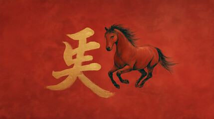 Symbolic Equine: A majestic, running horse against a vivid red backdrop, with a golden symbol. The artwork evokes strength, freedom and cultural richness.