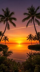 Obraz premium A vibrant orange and purple sunset over a tropical ocean framed by silhouette palm trees