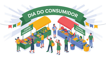 Fototapeta premium Illustration of vibrant consumer day market scene with people shopping and colorful stalls