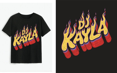 Stylish black crew neck t-shirt featuring 'dj kayla' flaming text graphic design