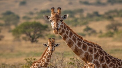 Obraz premium Giraffe and baby giraffe in the wild with trees and grass, wildlife, nature, animals, safari, and animals in their natural habitat.