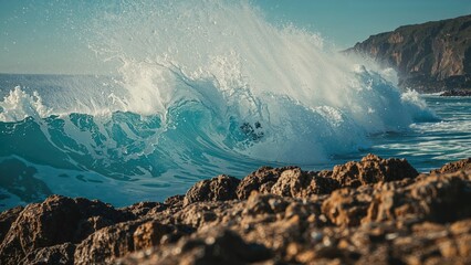 Coastal waves crashing against rocks on the shoreline with a cliff in the background. Nature and ocean scenery. The power and beauty of the sea.