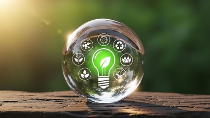 Sustainable energy concept with light bulb and eco friendly icons in a glass globe on a wooden surface outdoors
