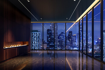 Obraz premium Ultra-luxurious, dark, and modern empty room in a high-rise penthouse 3d render