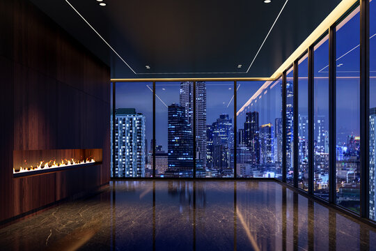 Ultra-luxurious, dark, and modern empty room in a high-rise penthouse 3d render