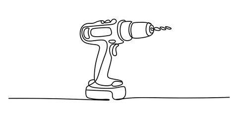 Continuous one line art drawing of a modern power tool electric drill Vector, illustration