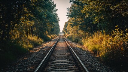 Fototapeta premium Railway tracks through a forested landscape during daytime.