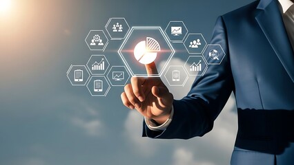 Businessman holding a glowing light bulb with futuristic digital icons floating around it in a professional setting with a blurred background