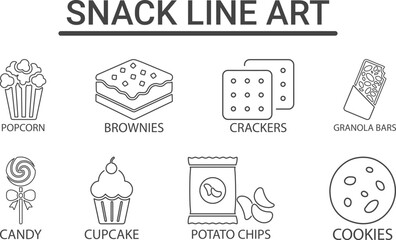 Lunch Line art Icons set, line art Containing popcorn, brownies, crackers, granola bars, candy, cupcake, potato chips, cookies, Solid vector icons set collection. illustration
