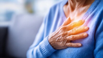 Silent Plea for Health: An elderly person's hand presses gently against the chest, symbolizing vulnerability, pain, and a silent call for help.