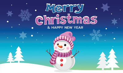 Festive Christmas greeting card featuring a cute snowman, winter landscape, snowflakes, and colorful holiday text. Perfect for seasonal decorations and holiday designs