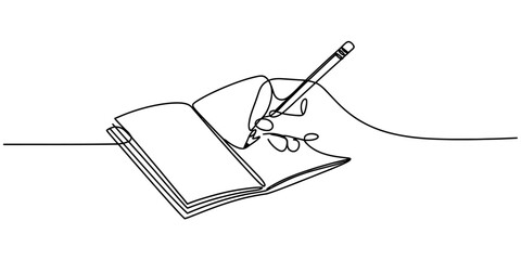 Continuous line drawing of a hand writing in an open notebook with a pencil. Vector, illustration