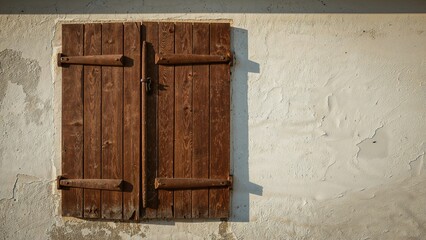 Wooden shutters closed against a concrete wall, casting a shadow.