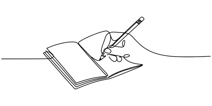 Continuous line drawing of a hand writing in an open notebook with a pencil. Vector, illustration