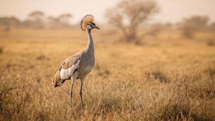 Fototapeta premium A gracefully standing crane in the wild savannah, with a blurred background of grass and trees. Nature and wildlife scene. The scene of a bird in its natural habitat.