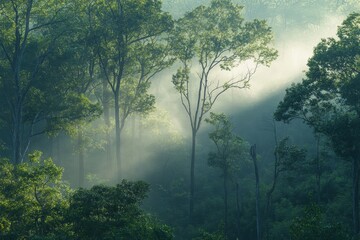 Sunlight streaming through trees in a misty forest, creating magical rays of light in the foggy atmosphere