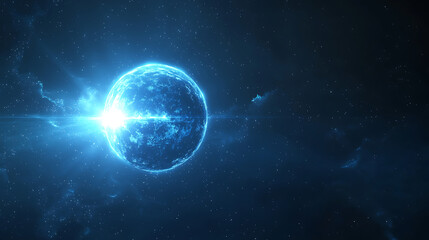 Fototapeta premium Cool blue floating flare sphere shining subtly within dark mist