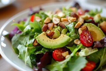 Fresh mixed green salad with avocado slices, cherry tomatoes, and various nuts served on a white plate