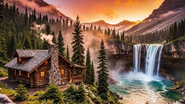 Rustic log cabin on pine-covered mountain slope, glowing in red-gold sunset beside vast turquoise waterfall, tranquil wilderness atmosphere, cinematic 4K HD video