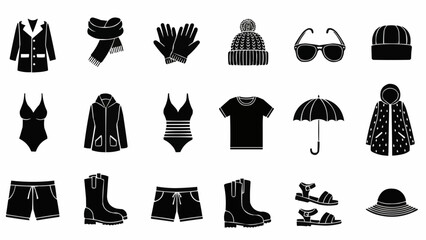 Collection of Black and White Fashionable Clothing and Accessories Icons.