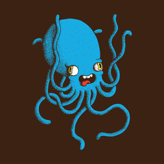 Hand drawn dot work vector illustration. T-shirt print with cute cartoon character. Cross eyed crazy blue octopus with wriggling tentacles on brown background. Concept of sea, seafood, ocean animal