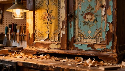 Creative use of distressing technique revealing layered paint beneath achieving vintage fabric pattern effect on wooden furniture in rustic workshop.