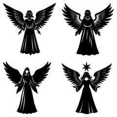 Naklejka premium Four Angels with Wings and Long Dresses Silhouette on White Background black