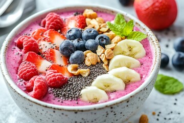 Pink smoothie topped with raspberries, blueberries, banana, and nuts