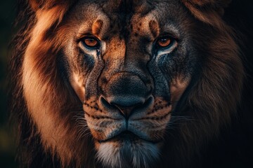 Close-up of male lion face with intense amber eyes and golden mane